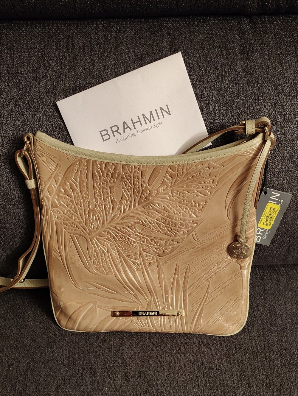 Brahmin Tan Botanical Embossed Leather Crossbody